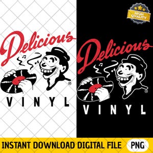 Może przedstawiać: Czarno-biała grafika z napisem "Delicious" w czerwonym skrypcie nad postacią z kreskówki trzymającą płytę winylową. Słowo "VINYL" znajduje się pod postacią w czarnych literach. Obraz jest podzielony na białe i czarne tło.