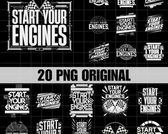 20種類のデザイン「Start Your Engines PNG」、レースカーファン向けクリップアート、モータースポーツ名言グラフィックデザイン、レーサーギフト、レーシングチェッカーフラッグデジタルダウンロード