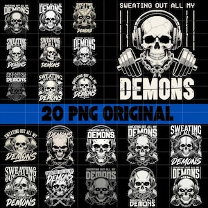 Może przedstawiać: Kolekcja grafik z czaszkami z napisem "Sweating Out All My Demons". Projekty przedstawiają czaszki ze słuchawkami, sztangami i łańcuchami. Widoczna jest również fraza "20 PNG ORIGINAL".