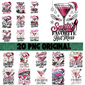 Puede incluir: Colección de 20 diseños PNG originales. Cada diseño presenta una copa de Martini con gorro de Papá Noel, tacón alto y el texto "Santa's Favorite Hot Mess". Los diseños son en tonos rosa, rojo y negro, ideales para manualidades navideñas.