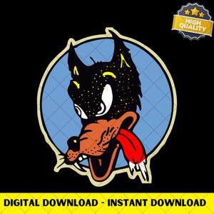 May include: A cartoon wolf's head with a black body, yellow highlights, and a red tongue. The wolf is set against a light blue background with a diamond pattern, surrounded by a cream border. The text "DIGITAL DOWNLOAD - INSTANT DOWNLOAD" is at the bottom.
