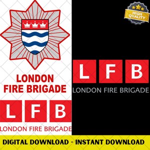 Puede incluir: Un diseño gráfico con el logotipo de los bomberos de Londres. El diseño incluye una estrella roja y blanca, un escudo con una corona y líneas onduladas, y el texto "LONDON FIRE BRIGADE" y "LFB" en cuadrados rojos. También está presente el texto "DESCARGA DIGITAL - DESCARGA INSTANTÁNEA".