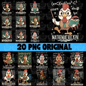 May include: A collection of 20 PNG images featuring a cartoon rooster character with glasses, dressed in a vest and tie, teaching math. The rooster is holding a pointer and a book, with mathematical equations and the text "MATHEMACHICKEN" displayed.