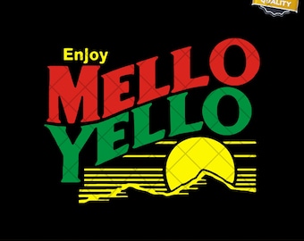 Może przedstawiać: Cyfrowy projekt z napisem "Enjoy Mello Yello" w kolorze czerwonym i zielonym, z żółtym słońcem i grafiką górską. Projekt znajduje się na czarnym tle, z tekstem "INSTANT DOWNLOAD DIGITAL FILE PNG" na dole.