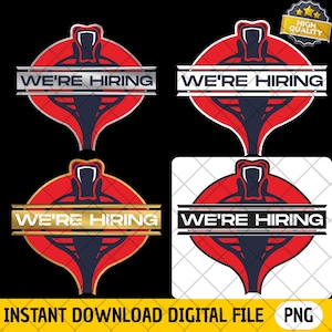 Może przedstawiać: Plik cyfrowy z czerwonym wzorem głowy kobry z napisem "WE'RE HIRING" na srebrnym, białym i złotym banerze. Projekt zawiera odznakę "HIGH QUALITY" oraz tekst "INSTANT DOWNLOAD DIGITAL FILE PNG".