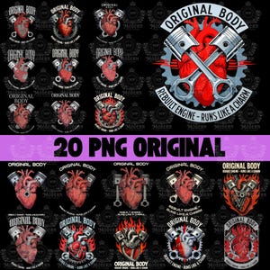 May include: A collection of 20 PNG images featuring a stylized human heart design, often paired with pistons and the text "Original Body" and "Rebuilt Engine - Runs Like a Charm". The designs are in red, white, and gray on a black background.