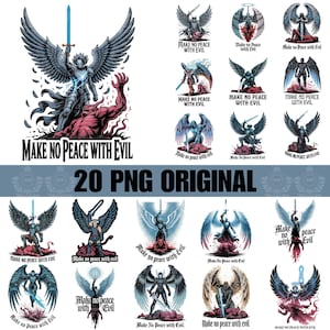 May include: A collection of 20 PNG original digital art images. Each image features an angel figure with large wings, often holding a sword, in a battle scene with a demon. The text "MAKE NO PEACE WITH EVIL" is included in the designs.