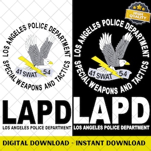 Może przedstawiać: Grafika do pobrania cyfrowego z emblematem Los Angeles Police Department (LAPD). Projekt zawiera orła, błyskawicę i tekst "Special Weapons and Tactics". Obecne są również słowa "LAPD" i "Los Angeles Police Department".