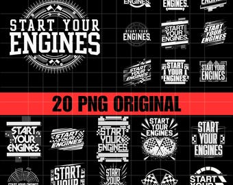 20種類のデザイン「Start Your Engines PNG」、レーサーギフト、レーシングチェッカーフラッグのデジタルダウンロード、レースカーファンのクリップアート、モータースポーツ名言グラフィックデザイン