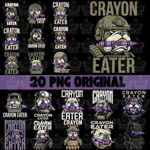 Könnte beinhalten: Digitales Grafikdesign mit einer Bulldogge in Militärausrüstung, die einen lila Buntstift im Maul hält. Der Text "Crayon Eater" wird über und unter der Bulldogge angezeigt, mit "20 PNG ORIGINAL" in der Mitte.