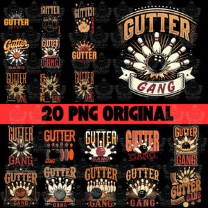 May include: A collection of 20 PNG original bowling-themed designs. The designs feature the words "Gutter Gang" in various fonts and styles, along with bowling pins and balls. The color palette includes orange, beige, and black.