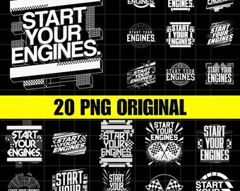 20種類のデザイン「Start Your Engines PNG」、レーシングチェッカーフラッグのデジタルダウンロード、レースカーファン向けクリップアート、モータースポーツ名言グラフィックデザイン、レーサーギフト
