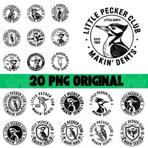 May include: A collection of 20 black and white Little Pecker Club logos. Each logo features a woodpecker illustration and the text "Little Pecker Club" and "Makin' Dents". The logos are circular and include the establishment year, 1969.