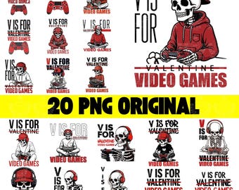 May include: A collection of 20 PNG original digital graphics with a Valentine's Day theme. The designs feature a skeleton wearing a red cap and hoodie, playing video games. Text includes "V is for Valentine Video Games."