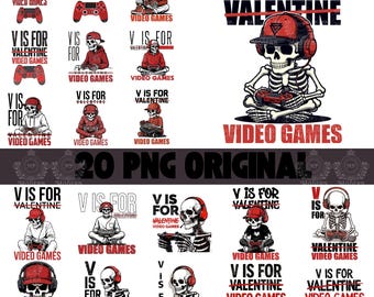 May include: A collection of digital art featuring skeleton characters with headphones and hats, playing video games. The text "V is for Valentine Video Games" is included in red and black. The images include game controllers.
