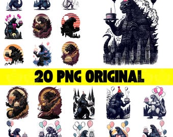20 Godzilla Birthday PNG - Funny Kaiju Party Clipart - Retro Monster Digital Art - Giant Lizard Cake Design - King of Monsters PNG