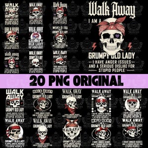 Może przedstawiać: Zestaw 20 cyfrowych projektów PNG z grafiką czaszek z bandanami, papierosami i tekstem "Walk Away, I am a Grumpy Old Lady." Projekty zawierają błyskawice i elementy dekoracyjne.