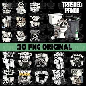 May include: A set of 20 digital PNG graphics with a "Trashed Panda" theme. The images feature a cartoon raccoon in various poses, often interacting with a toilet or trash can. The text "20 PNG ORIGINAL" is also present.