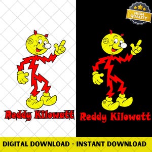 Puede incluir: Gráfico de descarga digital con Reddy Kilowatt, un personaje de dibujos animados con cabeza amarilla, cuerpo de rayo rojo y zapatos amarillos. El personaje está señalando con una mano. El texto "Reddy Kilowatt" está debajo.