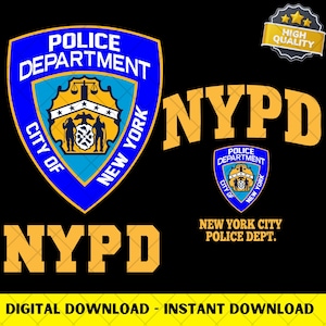 Peut inclure: Conception graphique avec le logo du NYPD en bleu et or. Le design comprend les mots "Police Department" et "City of New York". Le texte "NYPD" est également affiché en grandes lettres en gras. Un sceau "Haute qualité" est dans le coin supérieur droit.