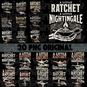 May include: A set of 20 PNG original designs with the text "A Little Ratchet, A Little Nightingale." The designs include illustrations of a genie lamp, a skeleton hand, and various text layouts in black, white, and gold.