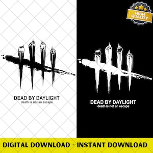 Può includere: Grafica in bianco e nero con il logo di Dead by Daylight. Il design presenta un simbolo stilizzato con cinque linee verticali e una barra orizzontale, insieme al nome e allo slogan del gioco. Sono presenti anche le parole "Download digitale - Download immediato".