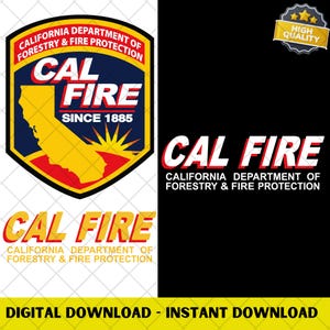 Könnte beinhalten: Eine digitale Grafik mit dem Logo "CAL FIRE" in mehreren Variationen. Das Hauptlogo ist ein Schild mit dem Text "CAL FIRE" über einer gelben Umrisslinie von Kalifornien, darunter "SINCE 1885". Der Text "CALIFORNIA DEPARTMENT OF FORESTRY & FIRE PROTECTION" ist ebenfalls vorhanden.