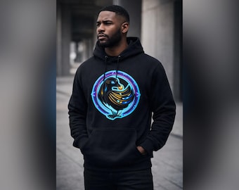 May include: Black hooded sweatshirt featuring a circular graphic of a stylized bird with blue, gold, and black details. The bird is set against a blue and purple circular border. The sweatshirt has a kangaroo pocket.