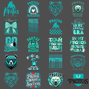 Puede incluir: Una colección de diseños gráficos en color turquesa y blanco con osos, arcoíris y texto. Los diseños incluyen la palabra "PROTOS" y frases como "House of Success" e "In My Protos Era."