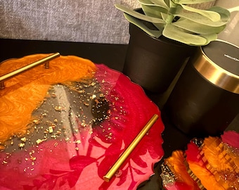 Decorative Round Druzy Agate Style Luxury Serving and Centerpiece Tray With Handles