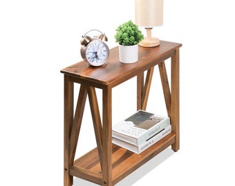 Narrow Real Acacia Wood End Table, Slim Nightstand with 2 Tiers, Side Table for Bedroom or Living Room