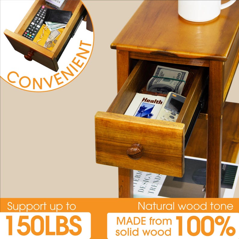 May include: A wooden side table with two drawers, one open to reveal a remote, money, and a book. The table is made of solid wood and supports up to 150 lbs. The text "CONVENIENT" is visible.
