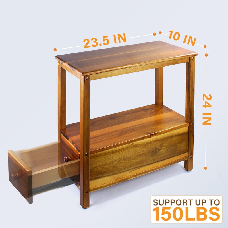 May include: A wooden side table with a drawer, measuring 23.5 inches long, 10 inches wide, and 24 inches high. The table is a warm brown color and can support up to 150 lbs. The drawer is partially open, revealing its interior.