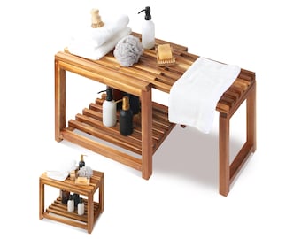 Acacia Wood Adjustable Length Shower Bench with Storage Shelf, Waterproof Bench for Shower, Spa