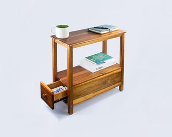 Narrow Acacia Wood End Table, Slim Nightstand with Drawer, Side Table for Bedroom or Living Room