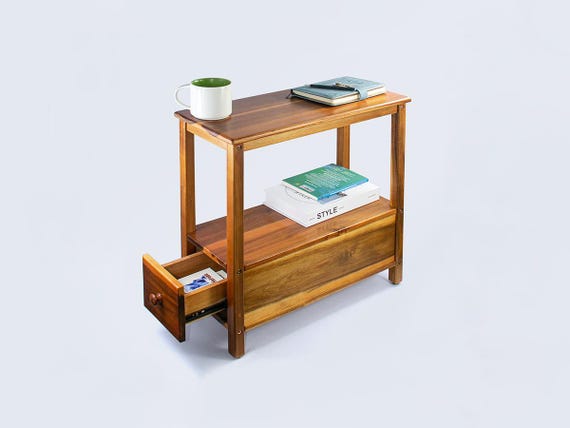 Narrow Acacia Wood End Table, Slim Nightstand with Drawer, Side Table for Bedroom or Living Room