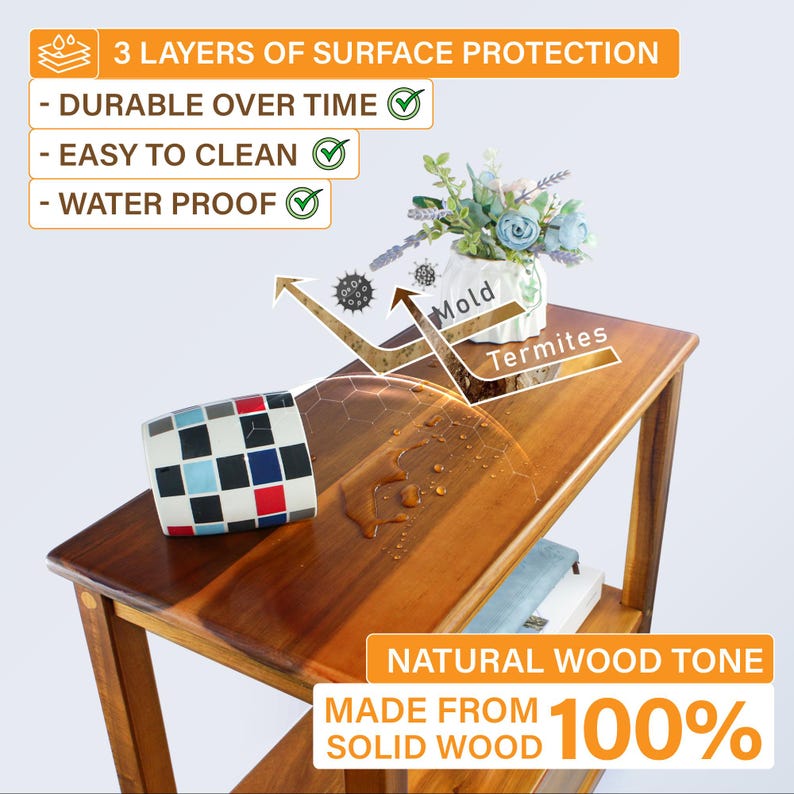 May include: A wooden side table with a natural wood tone, featuring three layers of surface protection. The table is made from solid wood and is water proof. A mug with a checkered pattern sits on the top shelf.
