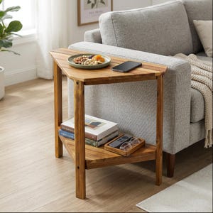 May include: A triangular wooden side table with a natural brown finish, featuring a flat top surface and a lower shelf. The table has three legs and is constructed from wood planks, providing a stable surface for small items and storage.