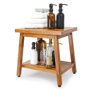 Acacia Wood Shower Bench with Storage Shelf - 16 Inch Waterproof Spa Seat
