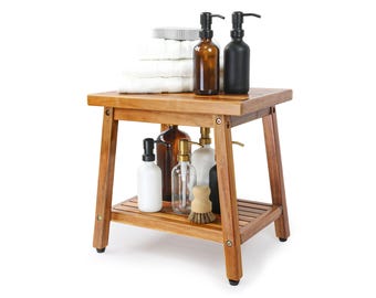 Acacia Wood Shower Bench with Storage Shelf - 16 Inch Waterproof Spa Seat