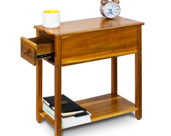 Narrow Real Acacia Wood End Table, Slim Nightstand with Drawer, Side Table for Bedroom or Living Room