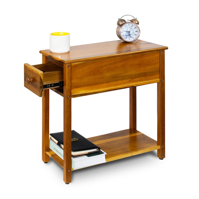 May include: A wooden nightstand with a drawer and a lower shelf. A white mug with a yellow interior, a small alarm clock, and books are on the nightstand. The nightstand is approximately 24 inches tall, 18 inches wide, and 12 inches deep.