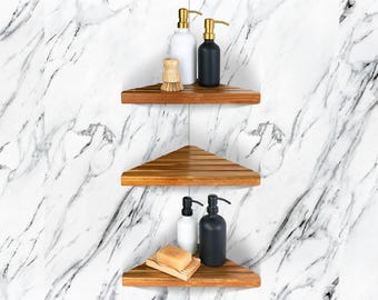 Acacia 2,3,4 Tiers Corner Shower Shelf, Triangular Corner Shelf Wooden Bathroom Shelf for Tiled Wall, No Drilling Required