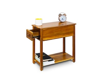 Narrow Real Acacia Wood End Table, Slim Nightstand with Drawer, Side Table for Bedroom or Living Room