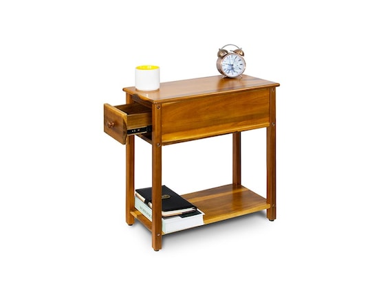 Narrow Real Acacia Wood End Table, Slim Nightstand with Drawer, Side Table for Bedroom or Living Room