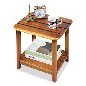 Acacia Wood Outdoor Side Table: 2-Tier Patio End Table, Teak Finish
