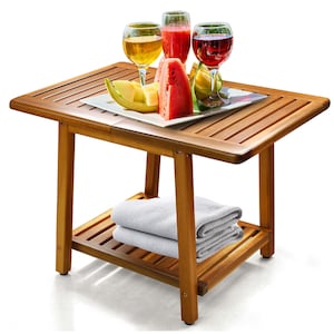 Acacia Wood Outdoor Side Table: 2-Tier Patio End Table, Teak Finish