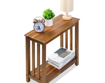 Narrow Real Acacia Wood End Table, Slim Nightstand with 2 Tiers, Side Table for Bedroom, Living Room, Entryway