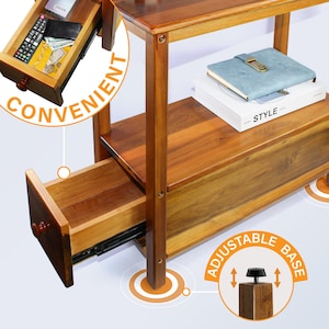 May include: A wooden side table with a drawer and two shelves. The drawer is open, revealing a remote control, wallet, and cash. A blue notebook and a book with the word "STYLE" are on the top shelf. The table has an adjustable base.