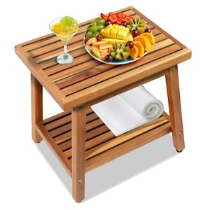 Acacia Wood Outdoor Side Table: 2-Tier Patio End Table, Teak Finish